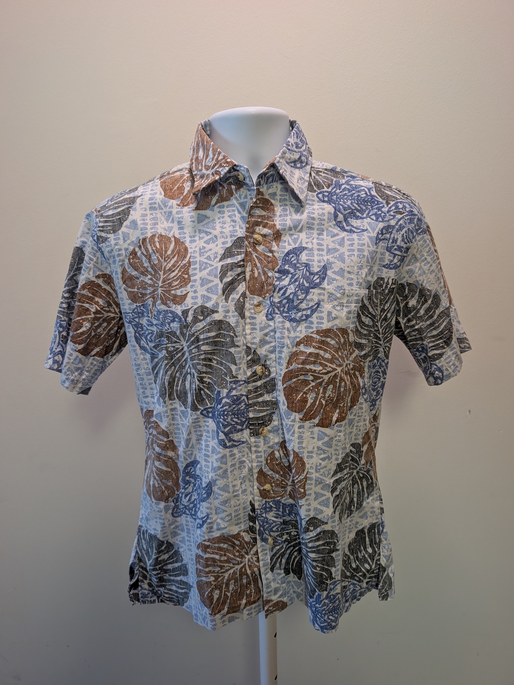 Tropical Leaf Short-Sleeve Button-Down Shirt in Blue, Brown & Gray